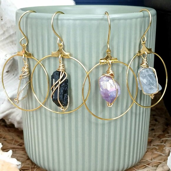 BOGO EARRINGS Raw Crystal Dangle Hoop Earrings, Assorted Gemstones - Picture 1 of 7